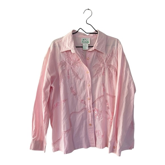 Quacker Factory Pink Palm Tree Sequin Button Up Shirt Women’s Plus Size 1X VTG - Picture 3 of 11